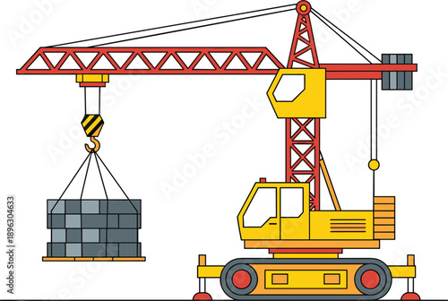 Construction crane lifting concrete blocks, heavy machinery illustration, tracked mobile crane, building site equipment, engineering concept, industrial vector, pulley system detail