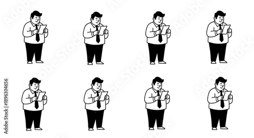 Cartoon man in shirt and tie writing on a clipboard.