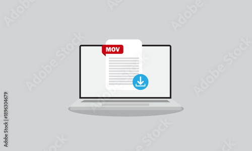 MOV File Download on Laptop. MOV document appearing on a laptop screen with a download icon.
