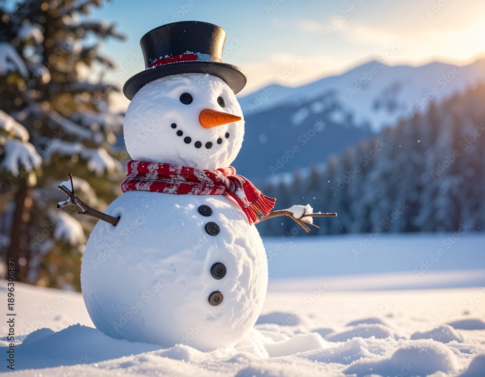 Obraz premium Snowman's Winter Wonderland: A jovial snowman stands proudly in a snowy landscape. Adorned with a classic hat, vibrant scarf and carrot nose, he embodies the spirit of winter's embrace.