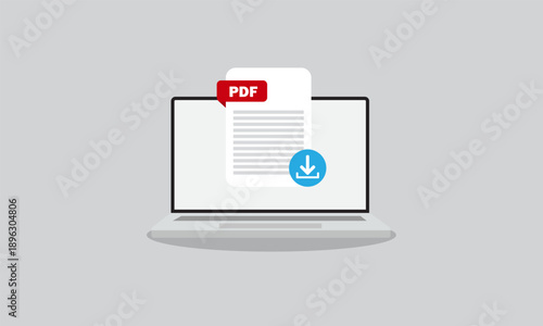PDF File Download on Laptop. PDF document appearing on a laptop screen with a download icon.