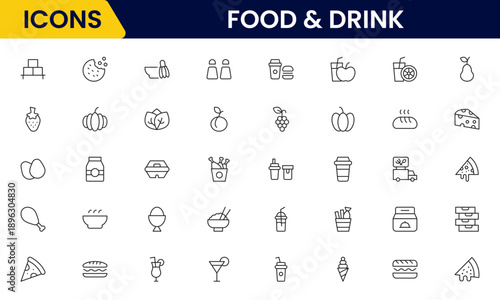 Food and drink web icons in line style. Meal, restaurant, dishes, fruits, fastfood, burger, pizza, coffee, sandwich, collection. Vector illustration.