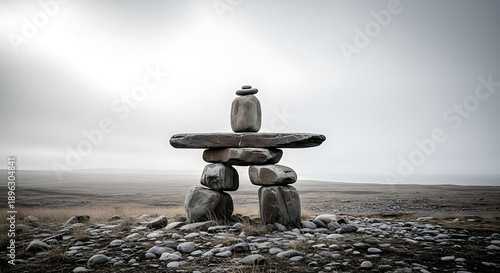 Traditional Inukshuk stone marker standing sentinel in a remote desolate landscape under an overcast sky symbolizing navigation and guidance