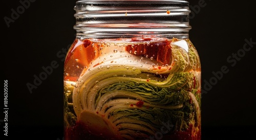 Fermented Napa Cabbage Kimchi in Glass Jar Close-up, Probiotic Rich Food, Korean Cuisine, Traditional Fermentation Process, Healthy Gut Bacteria, Delicious Side Dish
