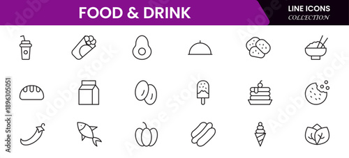 Food and drink web icons in line style. Meal, restaurant, dishes, fruits, fastfood, burger, pizza, coffee, sandwich, collection. Vector illustration.