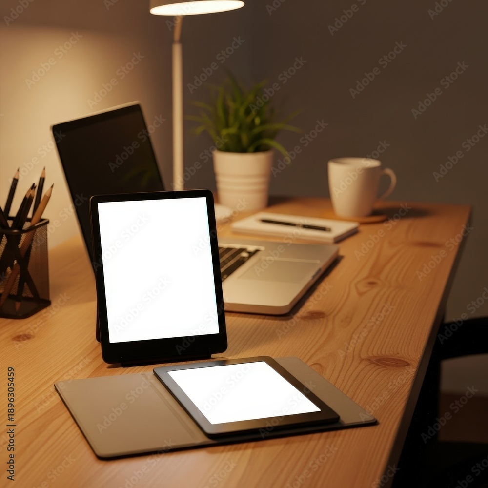 Fototapeta premium Evening Workspace with Tablets, Laptop, and Plant: Cozy Home Office Desk Setup with Lamp and Coffee Cup