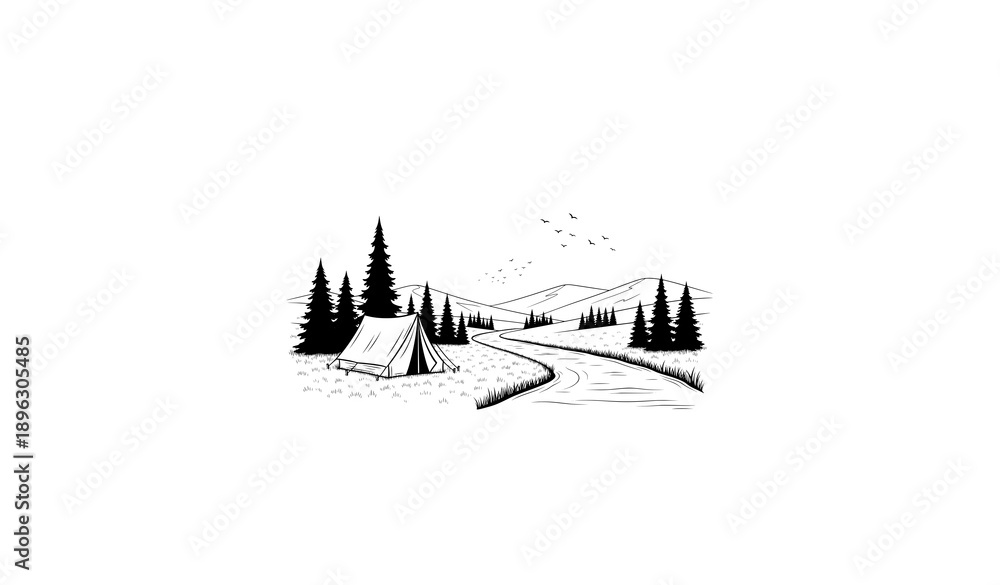Obraz premium Camping by river black-and-white landscape sketch vector illustration