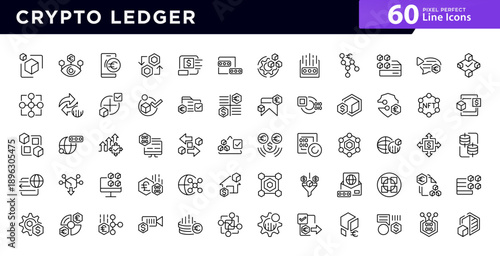 Crypto Ledger line icon set. Analytics, cloud computing, blockchain, block, distribution, ledger, round decentralized icon, round ledger chain icon collection. Editable stroke