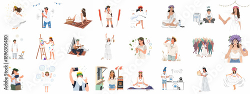 Midsummer Festival set: Illustrations of people celebrating folk traditions, wearing flower crowns, dancing, singing, meditating, and enjoying summer outdoor activities.