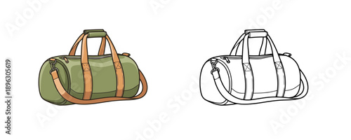 Duffel bag vector illustration in flat and outline style olive green and tan colors equipment for travel fitness and gym isolated on white background