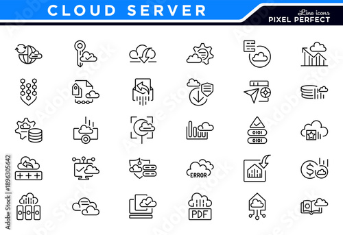 Cloud server line icon set. Connection, communication, technology, internet, and thin line icon pack.