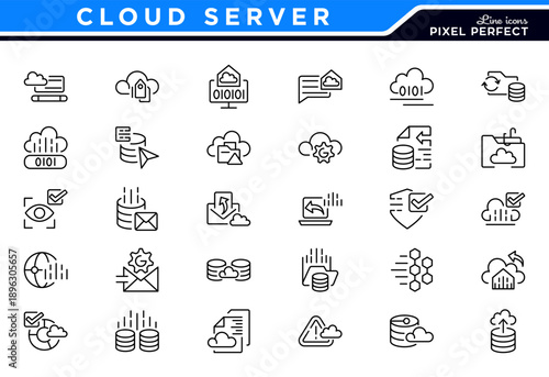 Cloud server line icons. Connection, communication, technology, internet, domain, firewall, data hosting, cloud server icon collection