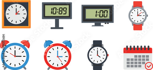 Collection of eight timekeeping icons including analog clocks, digital clocks, wristwatches, alarm clocks, and calendar symbol, representing diverse time display formats and scheduling concepts