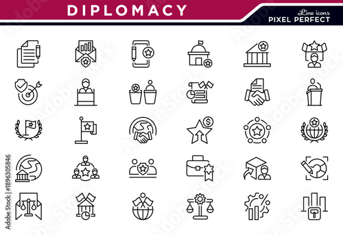 Diplomacy line icon set. Negotiations, peace symbols, globes, forum, neutrality, and leader icons. UI thin line icon pack.