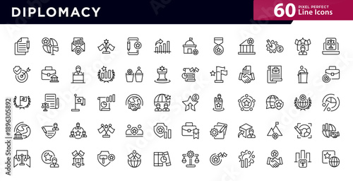 Diplomacy line icon set. Treaties, peace symbols, globes, negotiations, treaty, forum, neutrality, and leader icons. Vector stroke