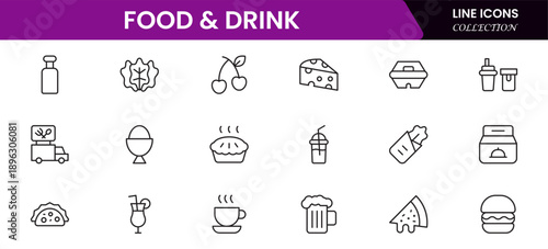 Food and drink web icons in line style. Meal, restaurant, dishes, fruits, fastfood, burger, pizza, coffee, sandwich, collection. Vector illustration.