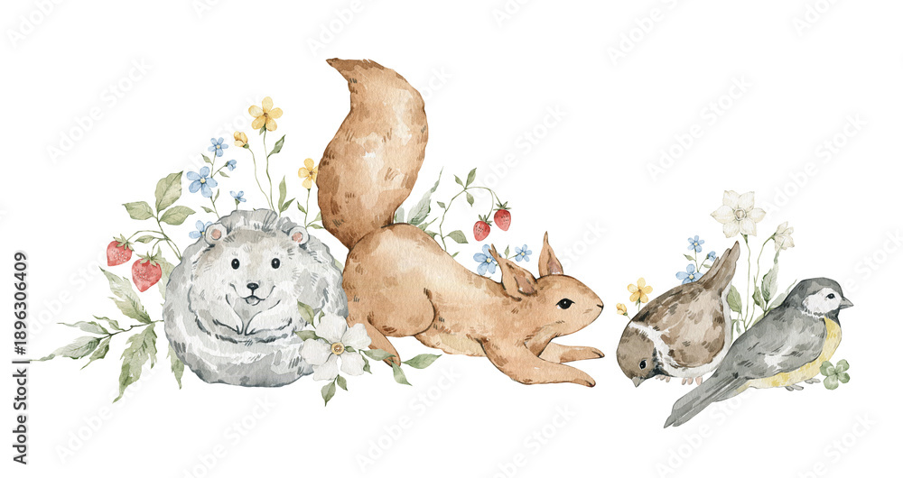 Fototapeta premium Watercolor cute hedgehog, squirrel, sparrow, tit bird and colorful spring flowers, berries