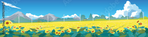Landscape flat Illustration of Sunflower Field Landscape with Mountains. Cars on Rural Road with electric pole side of road. and Blue Sky with Clouds. Summer Countryside Scenery Panorama.