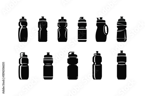 Silhouette mockup design for water bottles in various orientations on transparent background