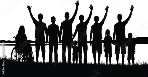 Inclusive group silhouette outdoors, wheelchair user, children and adults, raised hands, unity, community gathering, scenic background, black vector art, nature scene