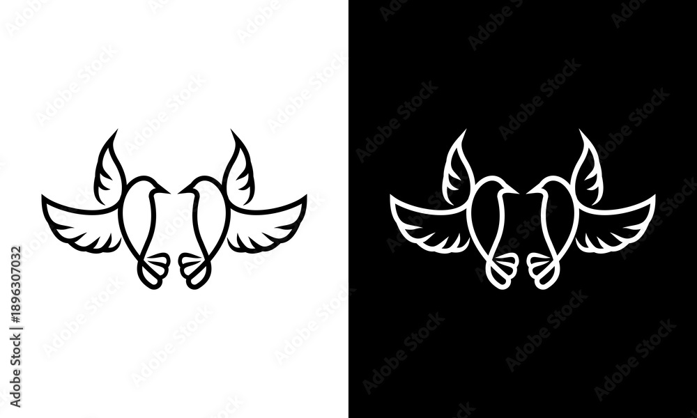 Fototapeta premium Two birds facing each other with wings spread, holding olive branches in their beaks, depicted in minimalist black line art on contrasting white and black backgrounds from a straightforward front view
