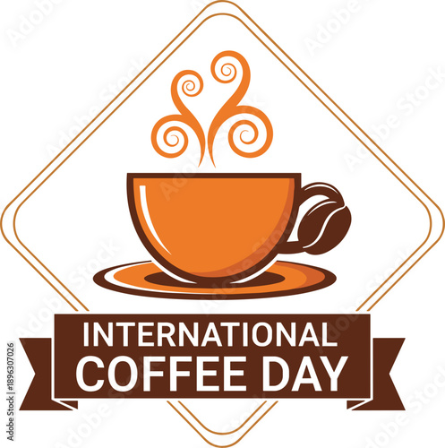 International Coffee Day celebration, coffee cup with steam, coffee bean icon, ribbon banner, vector design, warm tones, caffeine culture, graphic art