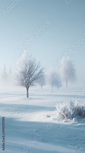 Serene Winter Morning with Hoarfrost Covered Trees in Misty Field