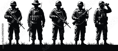 Military soldiers silhouette illustration, tactical gear and rifles, binoculars observation, unity in defense, armed forces formation, combat readiness, outdoor scene