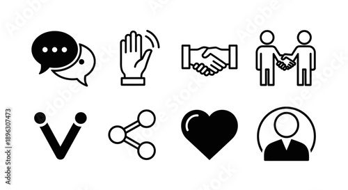 Social Interaction and Connection Solid Icons Set with Chat, Handshake, Share, and User Profile on Isolated White Background