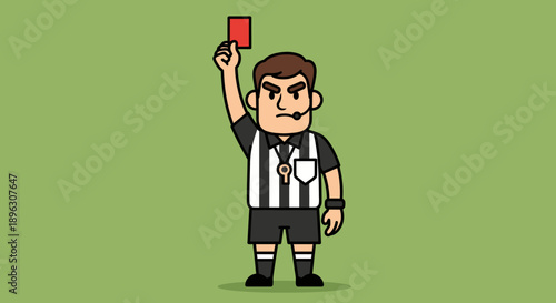Strict Football Referee Holding Up a Red Card on a Green Background, Signaling Foul Play
