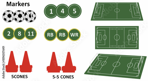 Various football and soccer field training elements including markers, cones, and pitch layouts on isolated white background