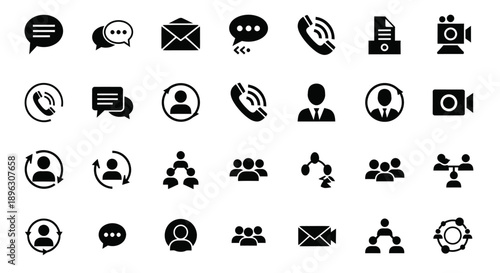 Solid black communication, social media, and business icons set for chat, call, email, video, user, share on isolated white background
