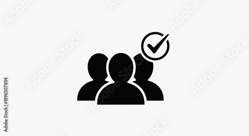 Group of three people with a checkmark icon symbolizing approved team success in bright studio