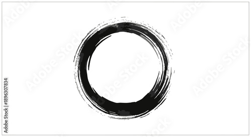 Abstract hand-drawn black ink brush stroke circle as an artistic frame on isolated white background