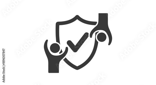 Security shield with checkmark and two people icon symbolizing protected team or verified system on isolated white background