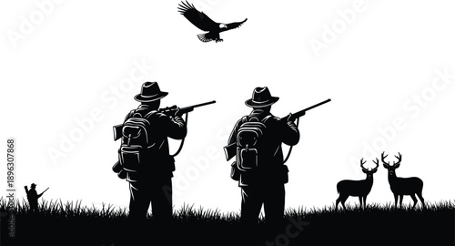 Silhouette hunting scene illustration, armed hunters, wildlife in grass, deer and eagle, outdoor adventure, nature activity, rifle aim, forest expedition
