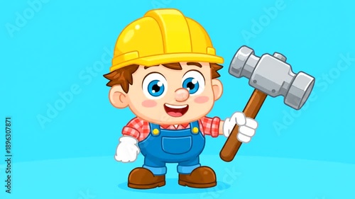Cartoon Builder Character with Hammer and Hard Hat Animation.