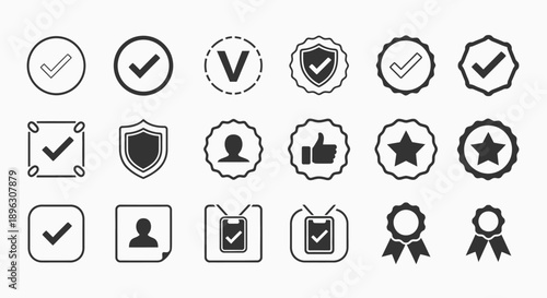 Collection of black and white checkmark and badge icons for approval, quality, and certification on isolated white background