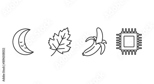 Diverse Icons: Moon, Leaf, Banana, and Microchip on Isolated White Background