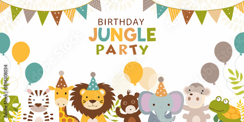 Photography A colorful birthday banner featuring jungle animals and party decorations