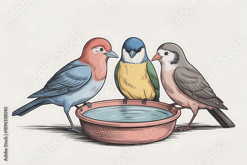 colorful cartoon birds gathered around a clay birdbath, illustration for conservation or wildlife concept, for poster or educational material, isolated on white background