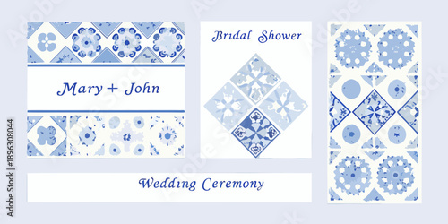 Blue and white patterned cards for a bridal shower and wedding ceremony