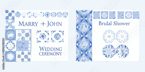 Blue and white wedding invitations and shower card designs displayed together