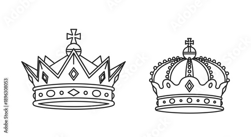 Elegant Royal Crown Outline Icons on Isolated White Background