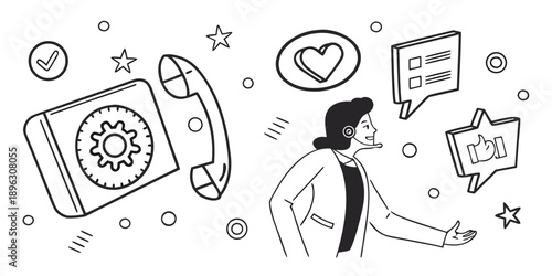 Engaging illustration of a customer service representative managing inquiries, with icons symbolizing quality, communication, and positive feedback for optimal user experience