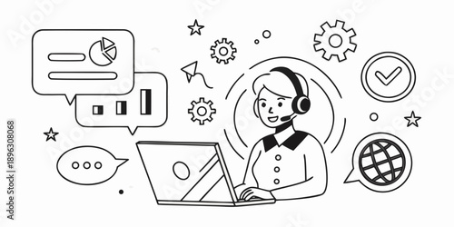 Customer service representative wearing headset, working on a laptop with charts and icons representing communication and global connectivity