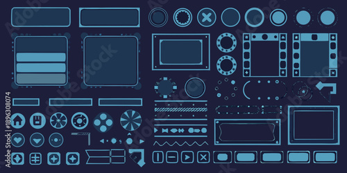 Collection of blue user interface elements and game assets