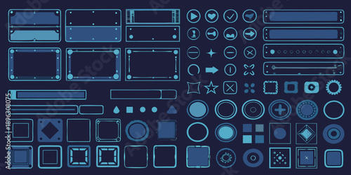 Collection of blue pixelated user interface elements and geometric shapes