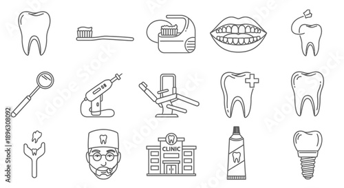 Comprehensive Dental Clinic and Care Outline Icons Set in Bright Studio