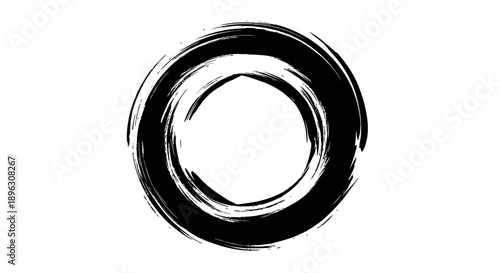 Thick Black Hand Drawn Ink Brush Circle Frame, Abstract Organic Artistic Element on Isolated White Background